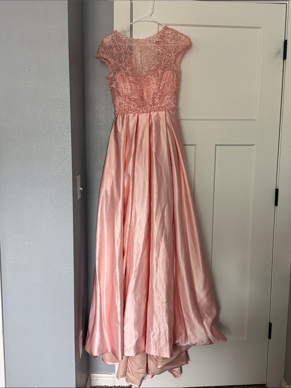 Blush Pink Beaded Cap-Sleeve Evening Gown with corset back
